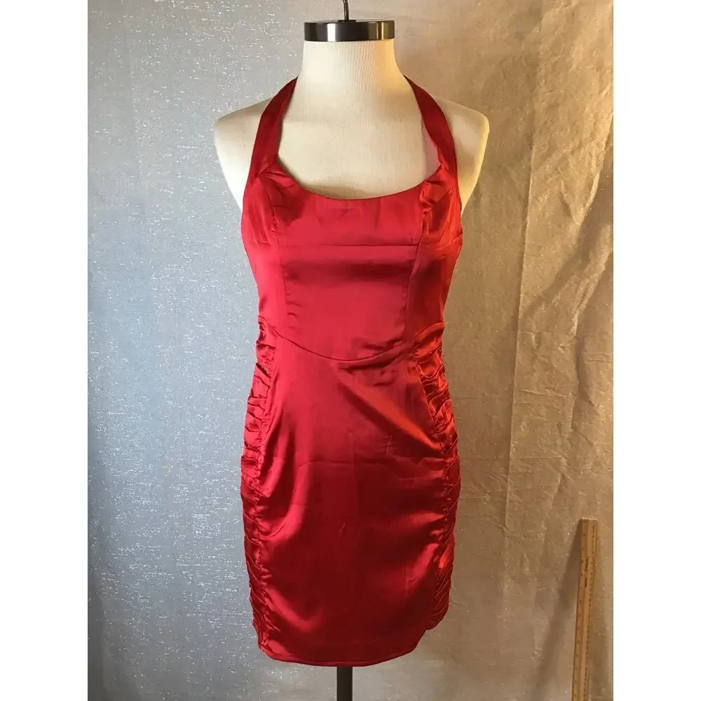 SAINTS + SECRETS NWT Red Satin Halter Ruched Mini Dress Bodycon Size 10 - Picture 3 of 13